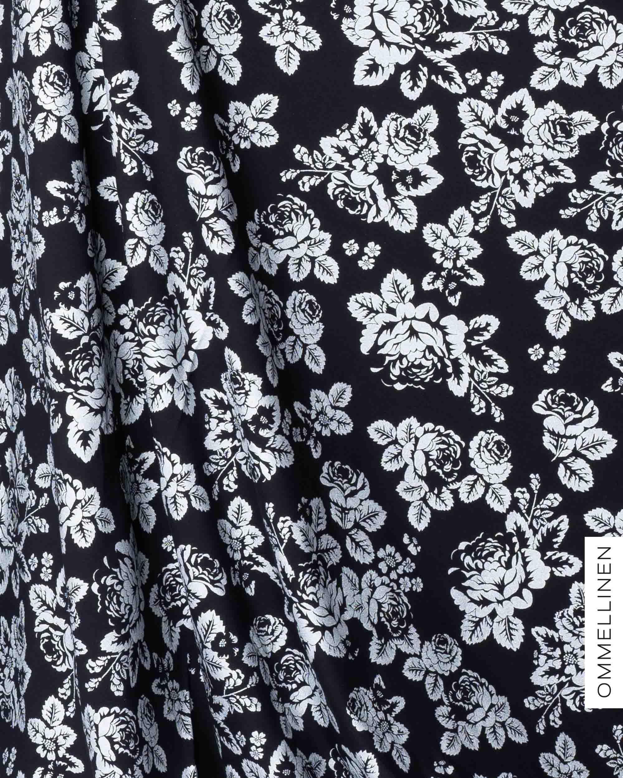 Glitter printed french terry - PRE-CUT, Babushka Roses - silver