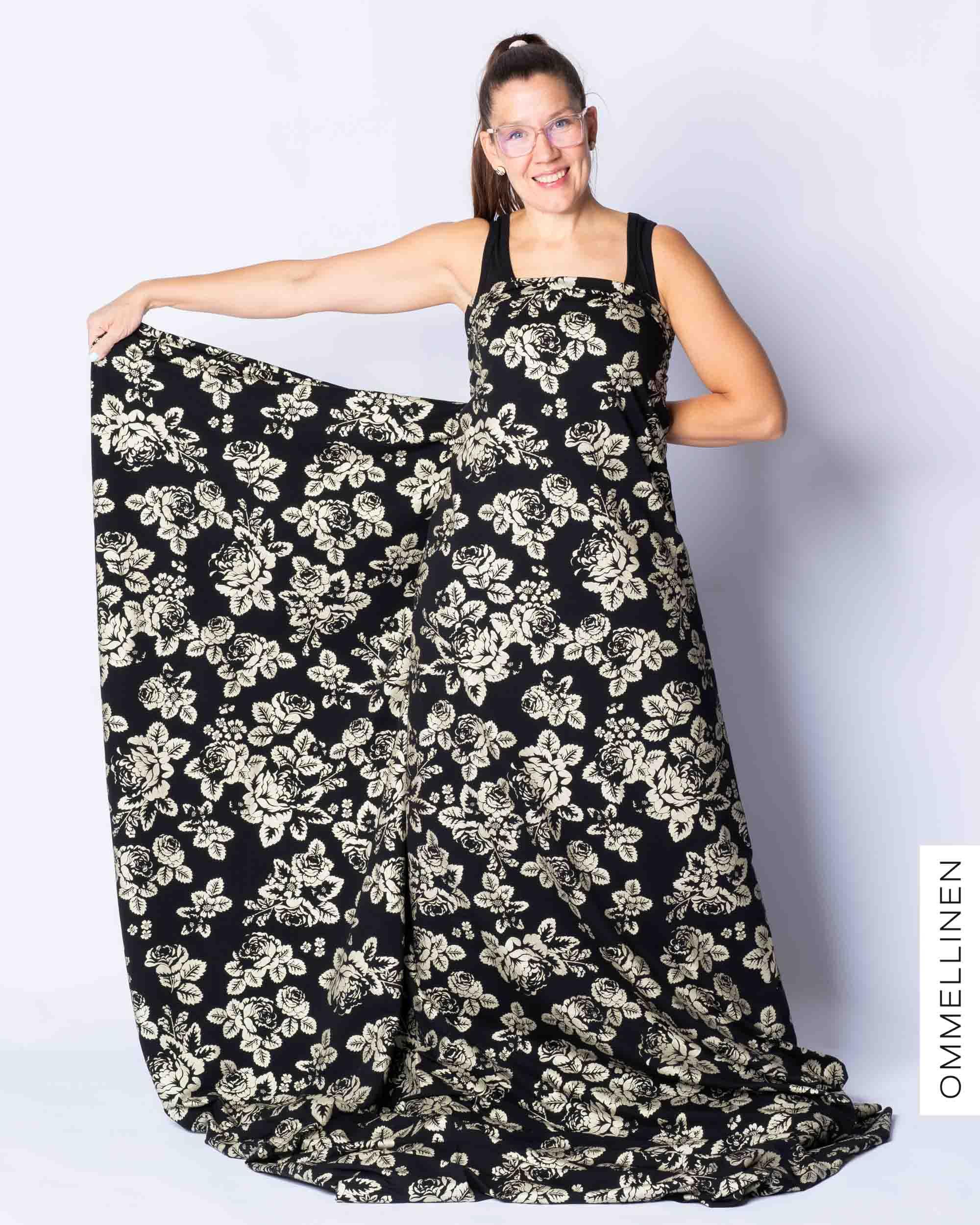 Glitter printed french terry - PRE-CUT, Babushka Roses - gold champagne