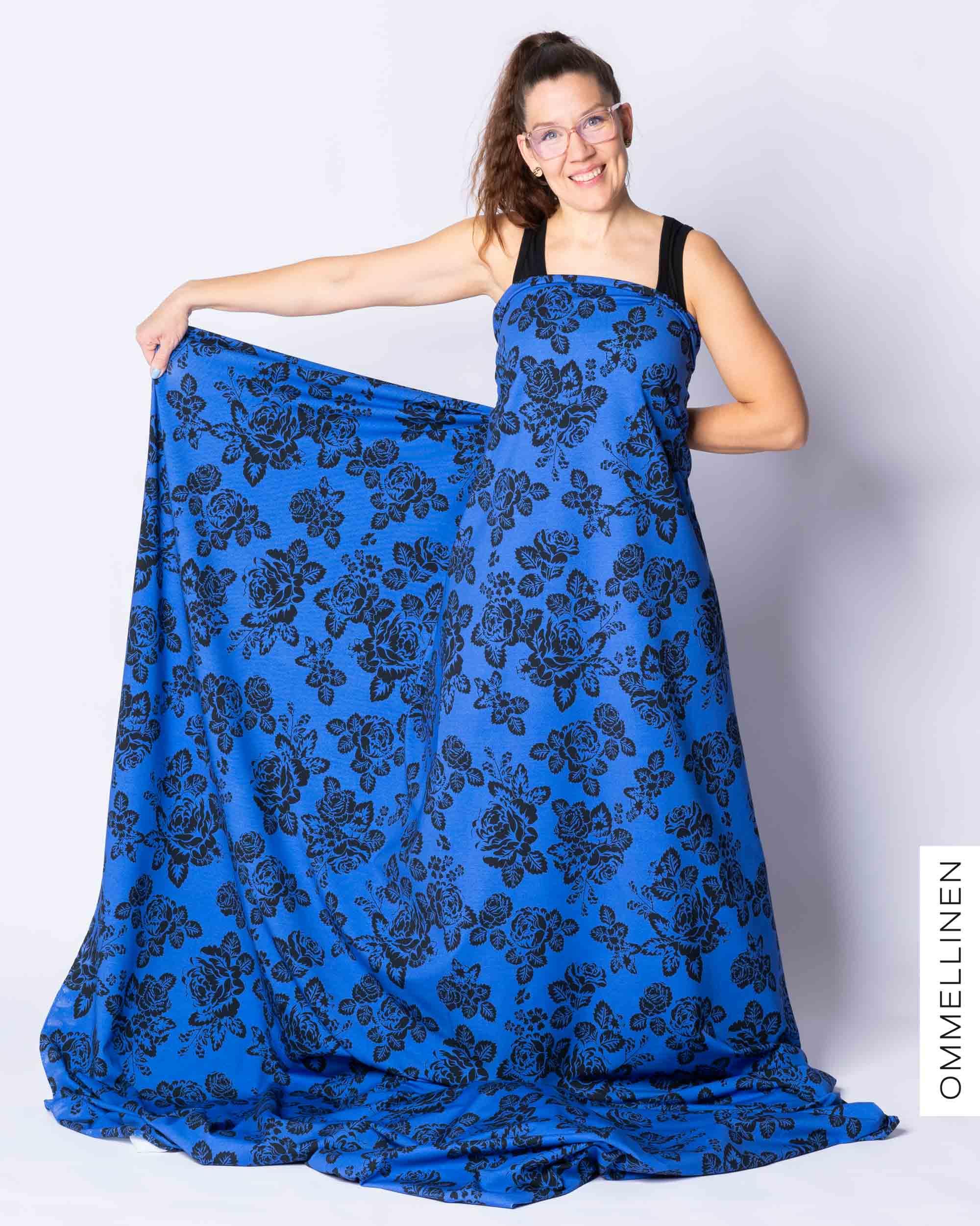 Jersey - PRE-CUT, Babushka Roses Lace - blue