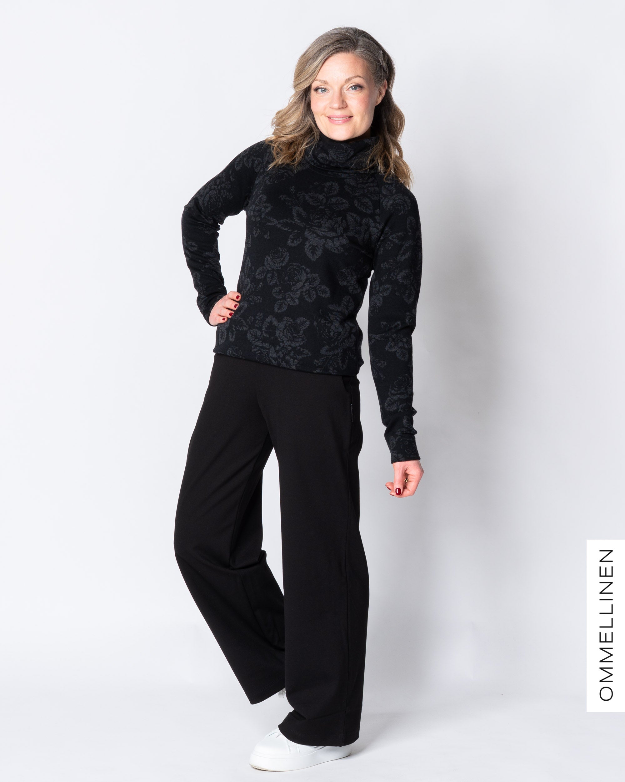 MERINO polo, Babushka Roses - black/grey