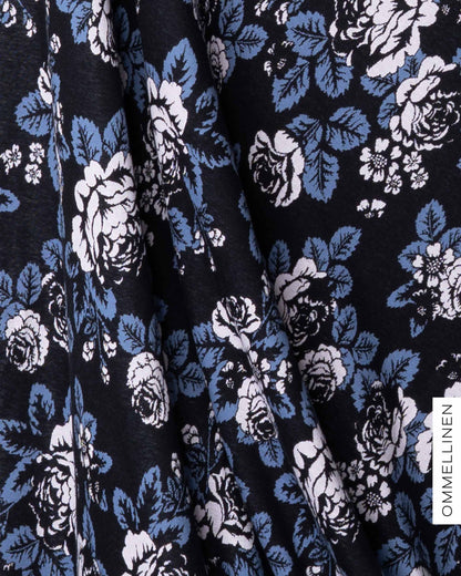 Organic cotton knit, Babushka Roses - black/blue