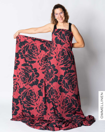 French terry - PRE-CUT, Babushka Roses Giant - red/black