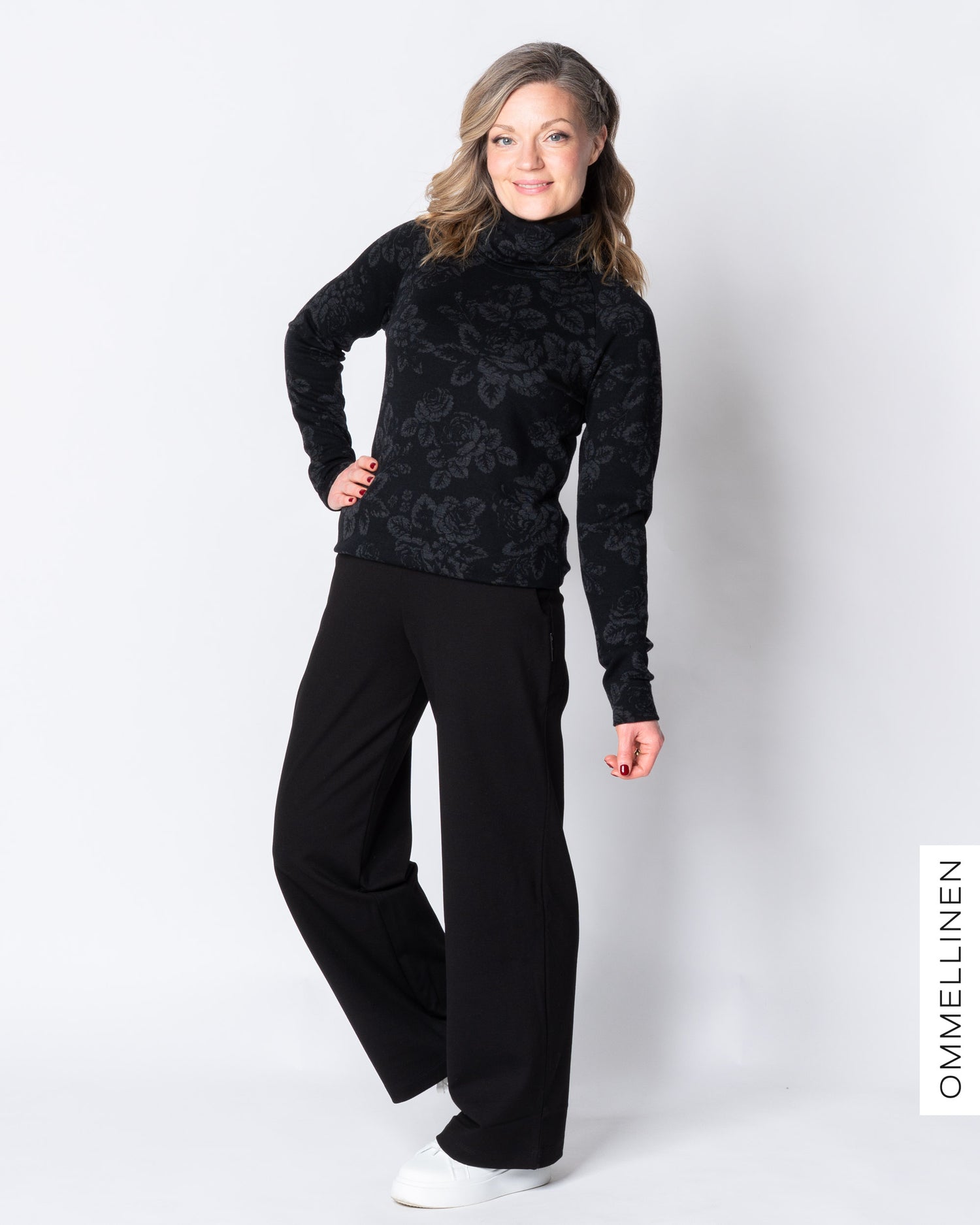 MERINO polo, Babushka Roses - black/grey