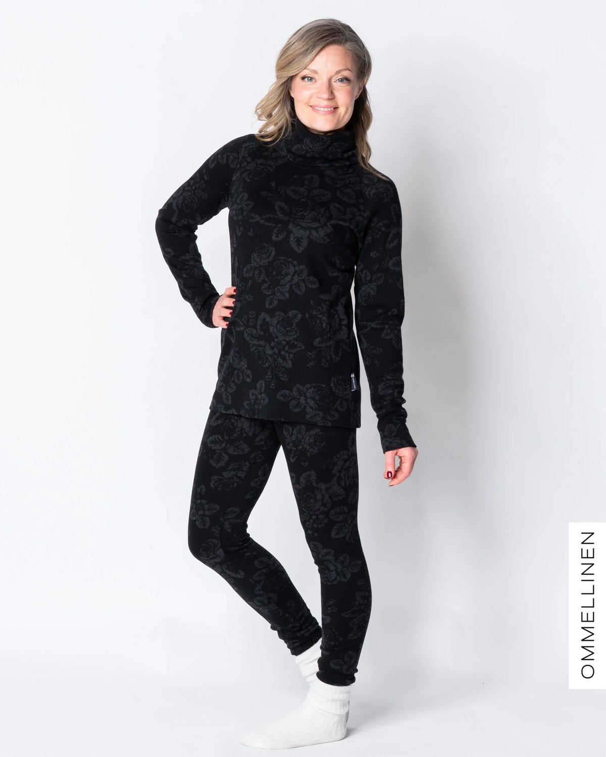 MERINO polo, Babushka Roses - black/grey