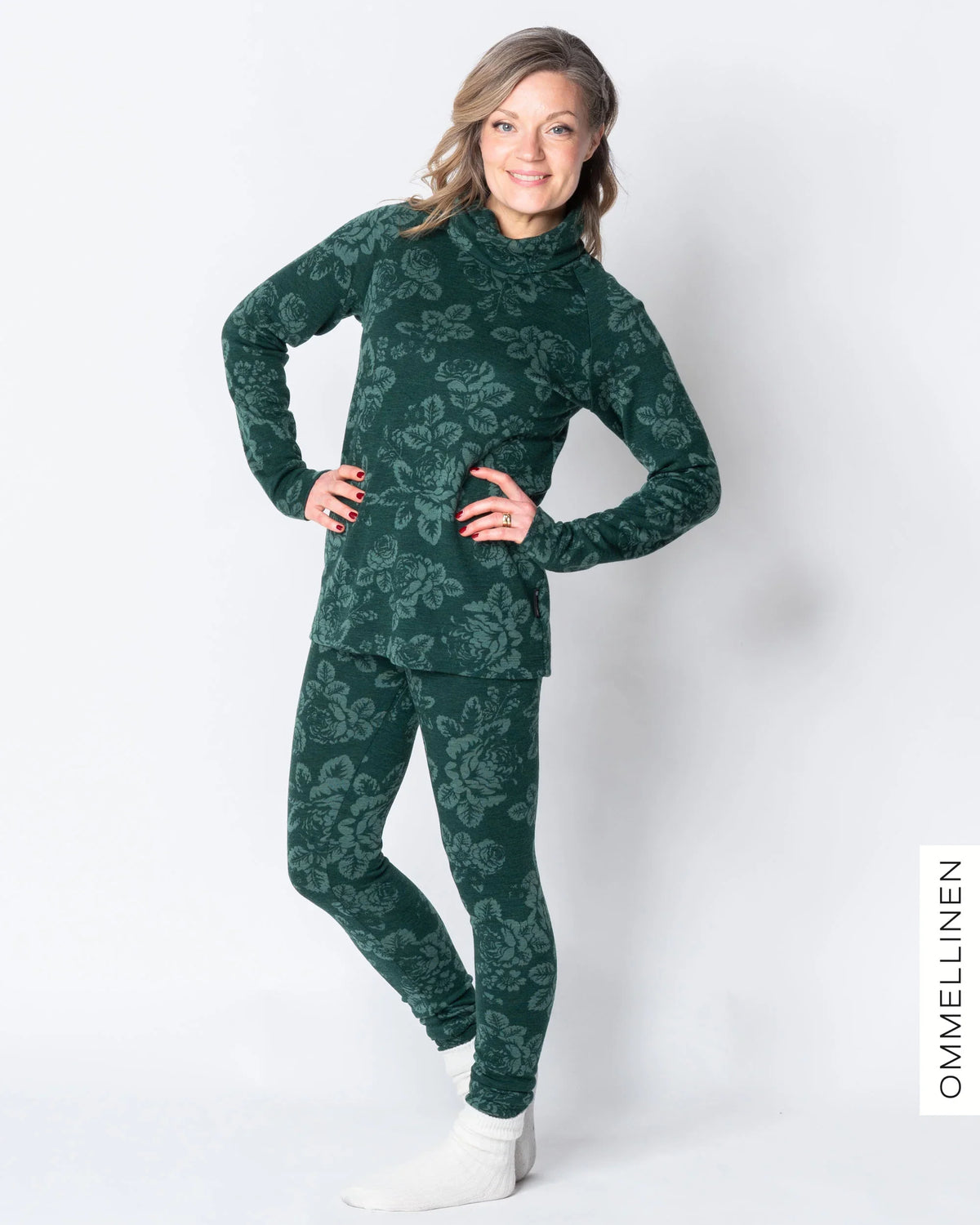 MERINO leggings, Babushka Roses - green