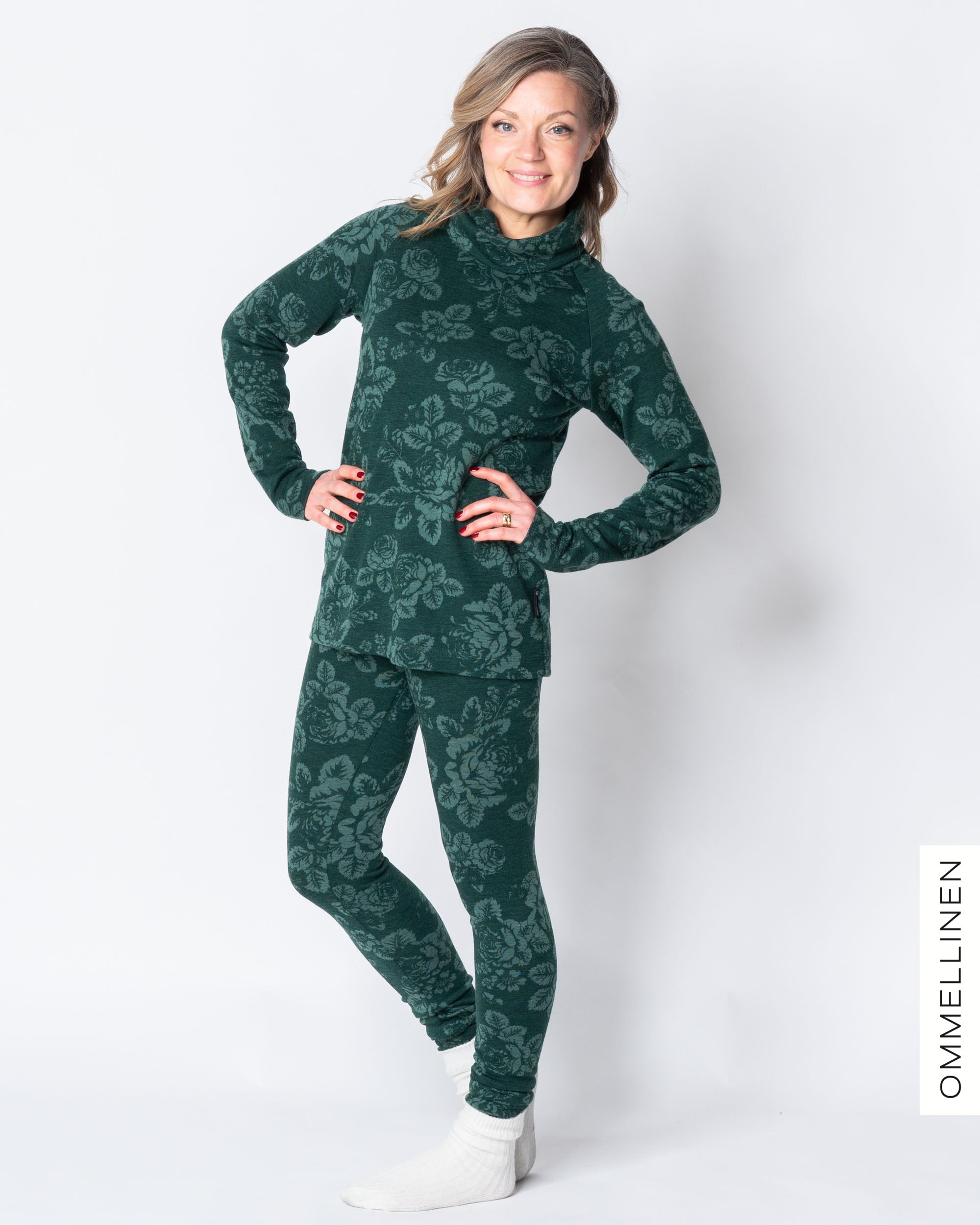 MERINO leggings, Babushka Roses - green