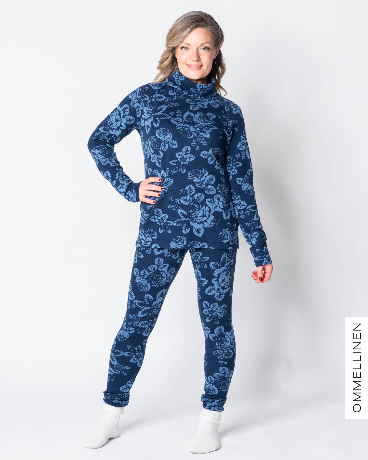 MERINO leggings, Babushka Roses - blue