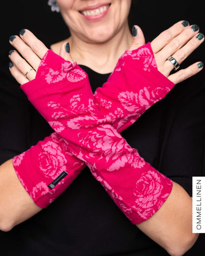 HALF gloves merino wool, Babushka Roses - pink