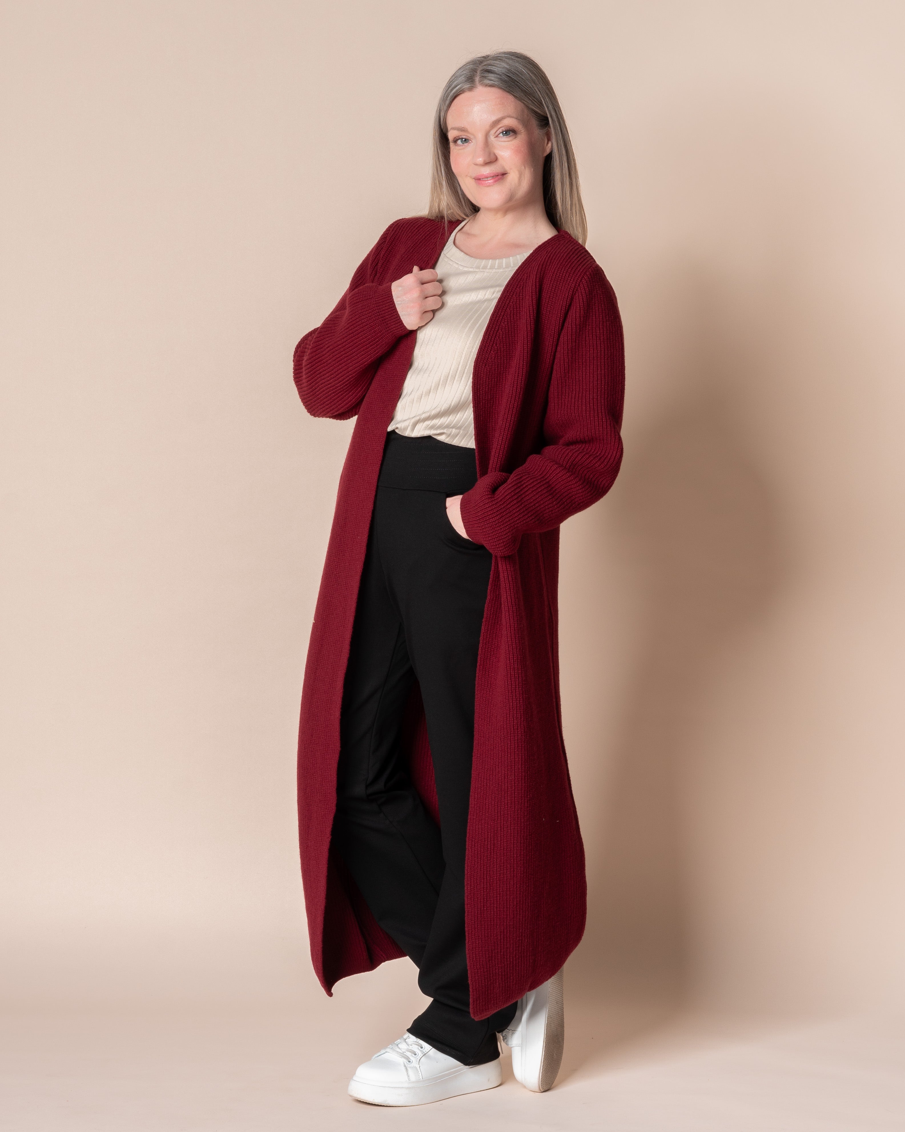 MAXI cardigan - merino wool, wine