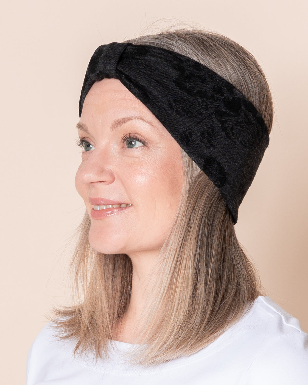 BOW headband, Babushka Roses - grey/black