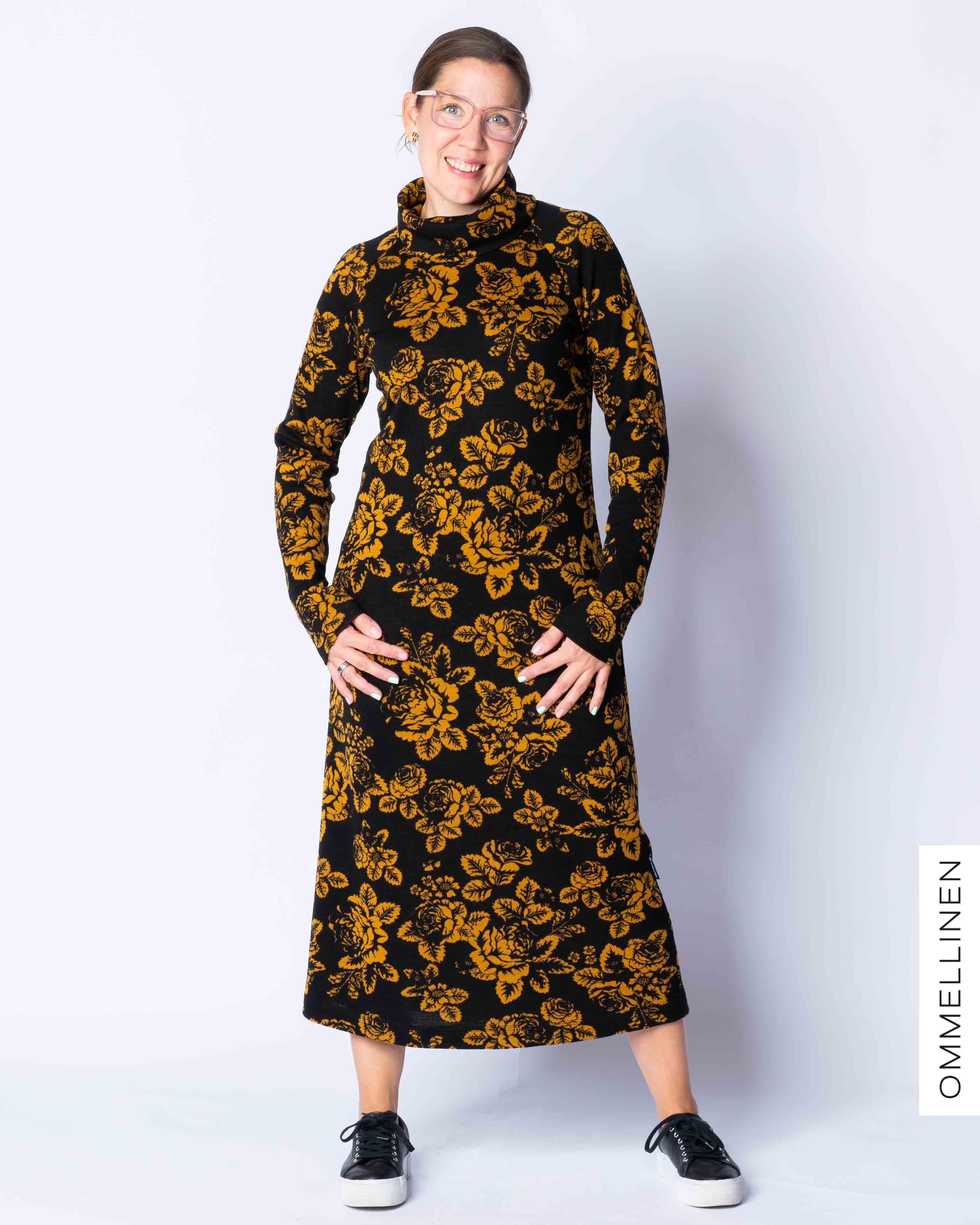 WOOL dress, Babushka Roses - black/ocher