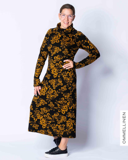 WOOL dress, Babushka Roses - black/ocher